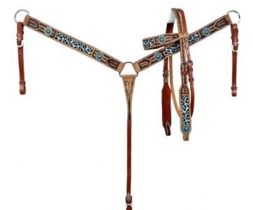 Showman Browband beaded teal Cheetah Headstall and Breast collar Set with teal conchos, and a two tone light rough out and medium oil leather